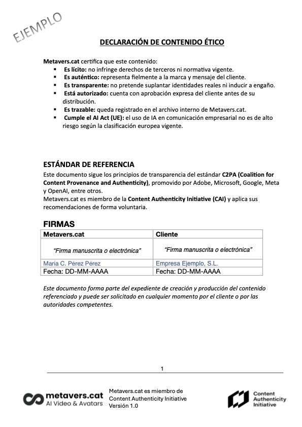 Transparencia IA 1 Ejemplo de Declaración de Contenido Ético de Metavers.cat